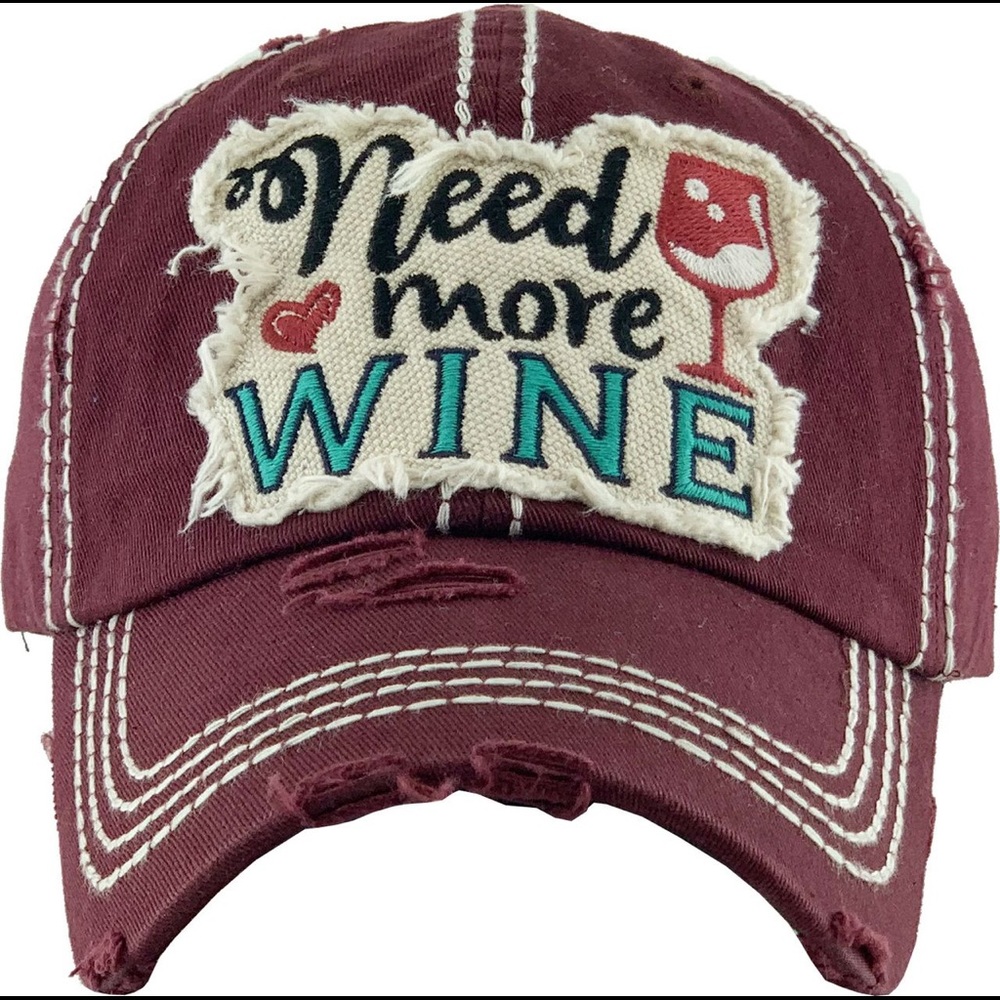 Maroon “Need More Wine” distressed hat